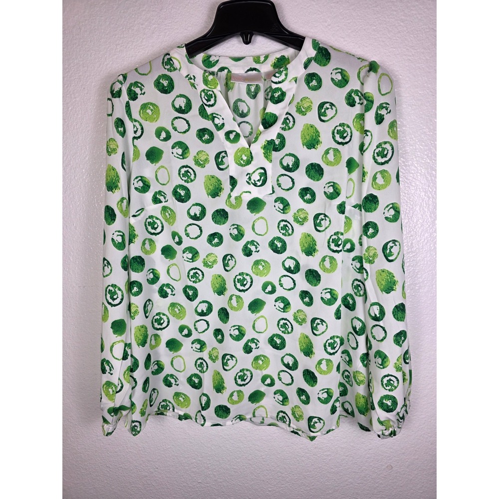 Belle by Kim‎ Gravel Green White Abstract Circle Print Split V-Neck Blouse M